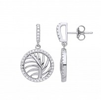 Silver CZ Circle Leaf Drop Earrings