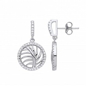 Silver CZ Circle Leaf Drop Earrings