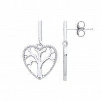 Silver Heart Tree Of Life Drop Earrings