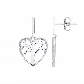 Silver Heart Tree Of Life Drop Earrings