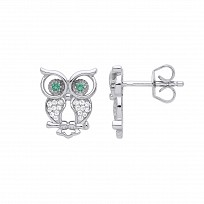 Silver CZ & Emerald Owl Stud Earrings
