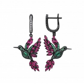 Silver Ruby & Emerald Flamingo Drop Earrings