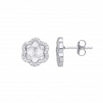 Silver CZ Diamond Cut Illusion Flower Stud Earrings