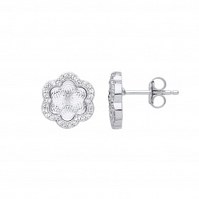 Silver CZ Diamond Cut Illusion Flower Stud Earrings