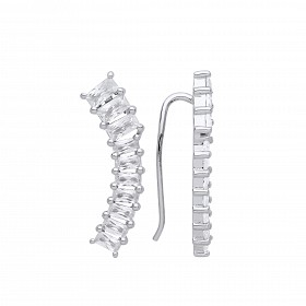 Silver CZ Curved Bar Earrings