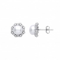 Silver CZ & Pearl Floral Stud Earrings