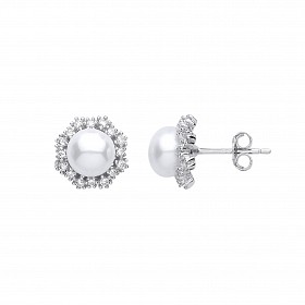 Silver CZ & Pearl Floral Stud Earrings