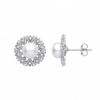 Silver CZ & Pearl Round Fancy Stud Earrings