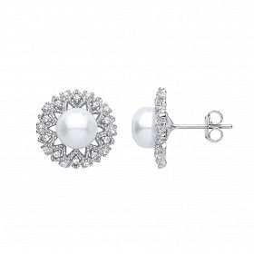 Silver CZ & Pearl Round Fancy Stud Earrings