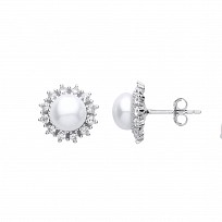 Silver CZ & Pearl Floral Stud Earrings