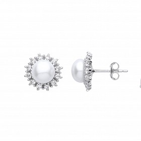 Silver CZ & Pearl Floral Stud Earrings