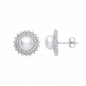 Silver CZ & Pearl Fancy Round Stud Earrings