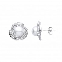 Silver CZ & Pearl Floral Stud Earrings