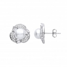 Silver CZ & Pearl Floral Stud Earrings