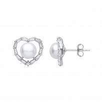 Silver CZ & Pearl Heart Flower Stud Earrings