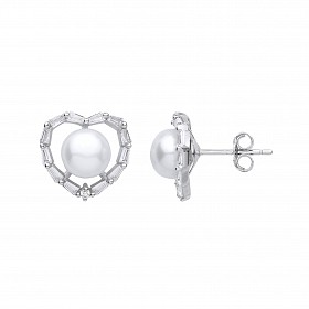 Silver CZ & Pearl Heart Flower Stud Earrings