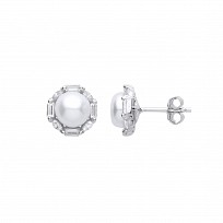 Silver CZ & Pearl Heart Stud Earrings