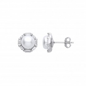 Silver CZ & Pearl Heart Stud Earrings