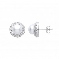 925 Sterling Silver CZ & Pearl Fancy Round Stud Earrings