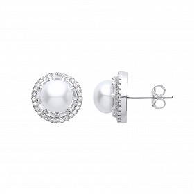 925 Sterling Silver CZ & Pearl Fancy Round Stud Earrings