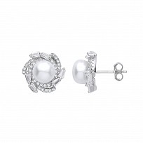 Silver CZ & Pearl Fancy Stud Earrings