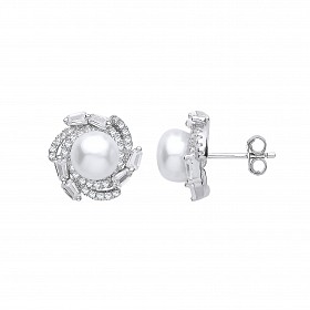 Silver CZ & Pearl Fancy Stud Earrings