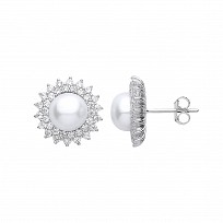Silver CZ & Pearl Fancy Stud Earrings
