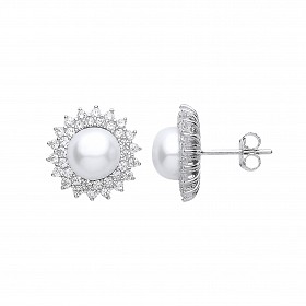 Silver CZ & Pearl Fancy Stud Earrings