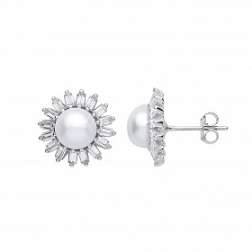 Silver CZ & Pearl Flower Stud Earrings