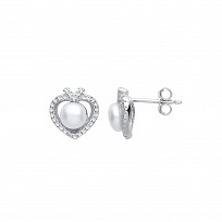 Silver CZ & Pearl Heart Stud Earrings