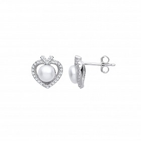 Silver CZ & Pearl Heart Stud Earrings
