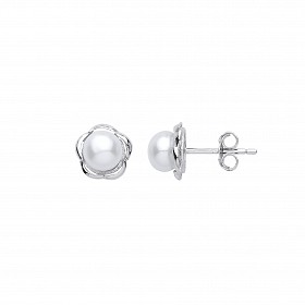 Silver CZ & Pearl Floral Stud Earrings