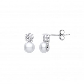 925 Sterling Silver CZ & Pearl Fancy Drop Stud Earrings