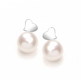Silver Fresh Water Pearl Heart Stud Earrings