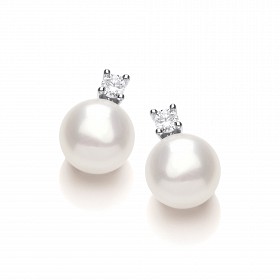 925 Sterling Silver CZ & Fresh Water Pearl Stud Earrings