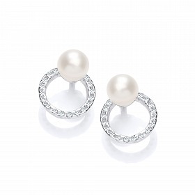 925 Sterling Silver CZ & Fresh Water Pearl Circle Stud Earrings