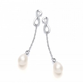 Silver CZ & Fresh Water Pearl & Infinity Chain Drop Earrings
