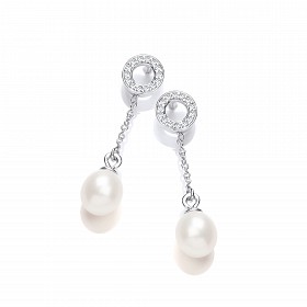 Silver CZ & Fresh Water Pearl Chain Drop Earrings