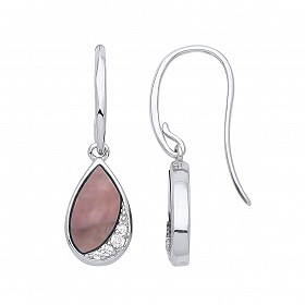 Silver Black Mother Of Pearl & CZ Pear Shaped Earrings