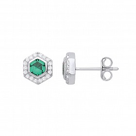925 Sterling Silver Emerald & CZ Fancy Stud Earrings
