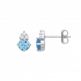 925 Sterling Silver Swiss Blue Topaz & CZ Fancy Stud Earrings