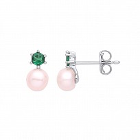 925 Sterling Silver Emerald & Fresh Water Pearl Stud Earrings
