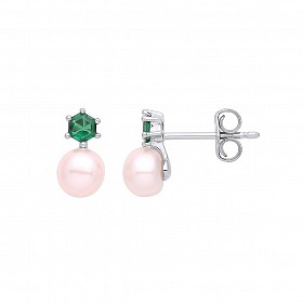 925 Sterling Silver Emerald & Fresh Water Pearl Stud Earrings