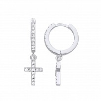 925 Sterling Silver CZ Rhodium Plated Cross Hoop Earrings