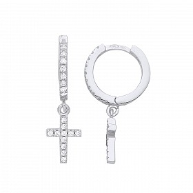 925 Sterling Silver CZ Rhodium Plated Cross Hoop Earrings