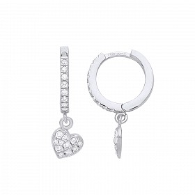 925 Sterling Silver CZ Rhodium Plated Heart Hoop Earrings