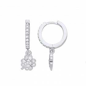 925 Sterling Silver CZ Rhodium Plated Flower Hoop Earrings