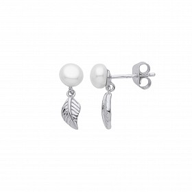 925 Sterling Silver Pearl Leaf Drop Earrings