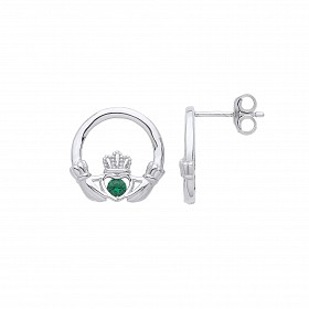 925 Sterling Silver Emerald Claddagh Stud Earrings