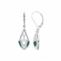 Silver CZ & Emerald Cage Drop Earrings